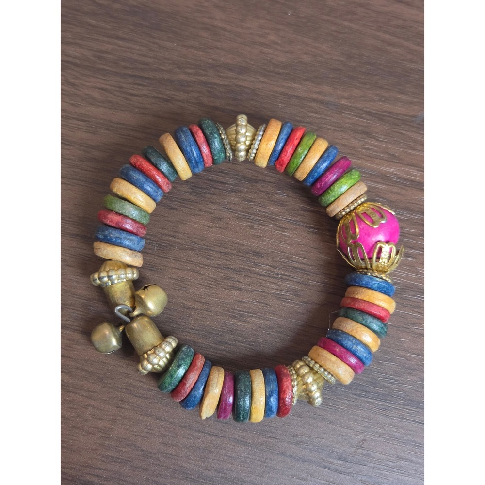 Multi Color Wood Disc Bead Stretch Bracelet Gold Tone Filigree Pink Accent Bell